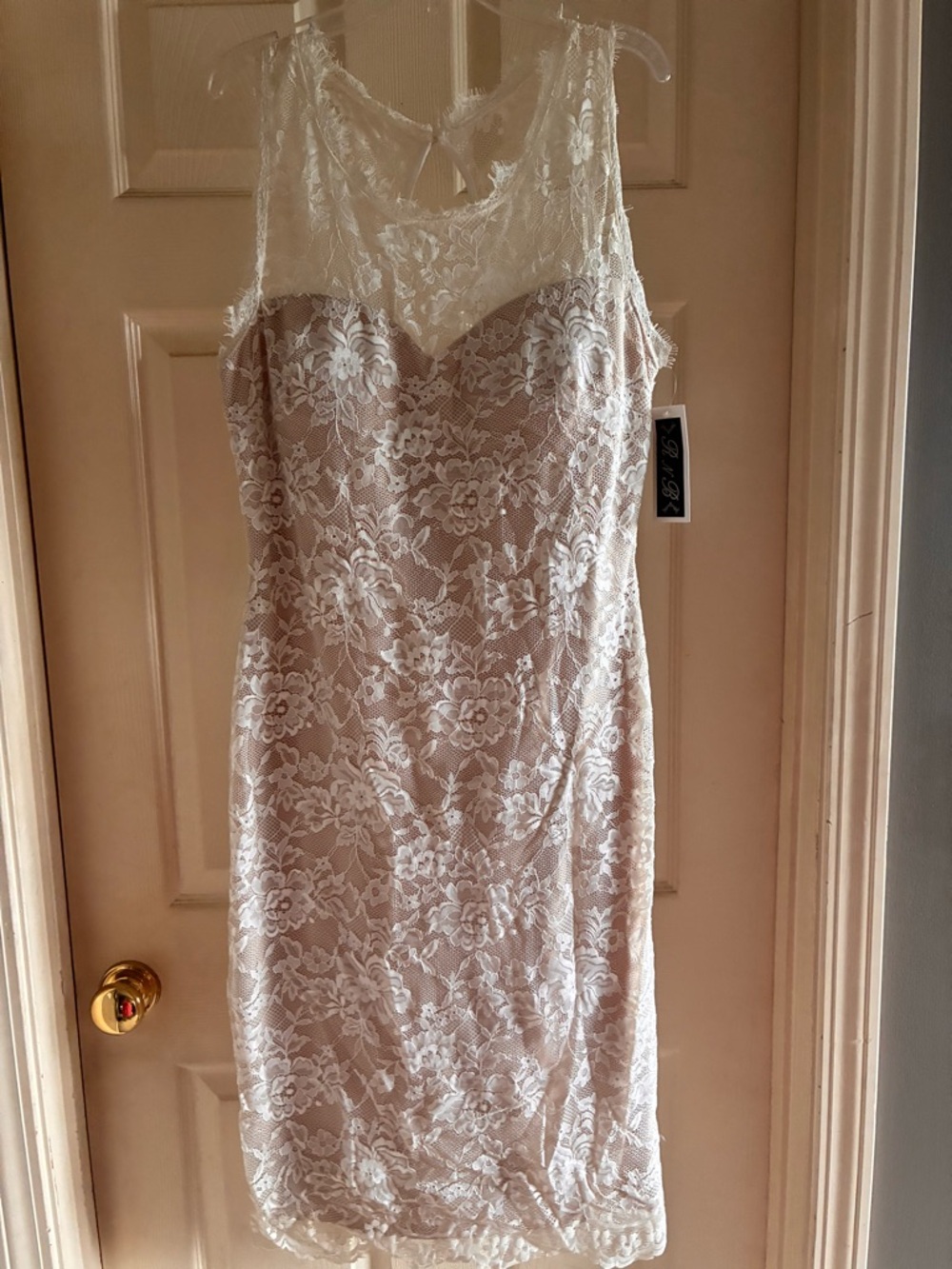 Lace-Overlay Midi Sheath Dress in White over Beige